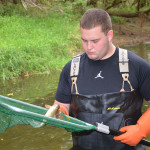 ECC conservation student studying fish caught in net